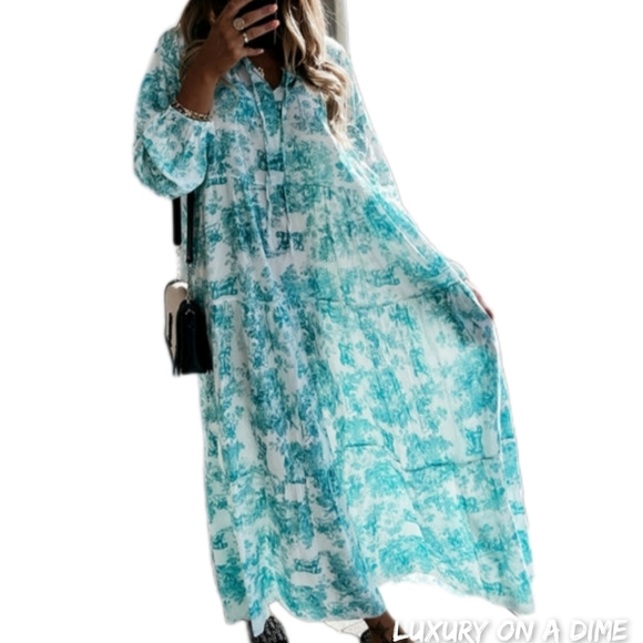 Boho Jungle Modest Ruffle Tie Mock Neck Long Sleeve Tiered Oversized Maxi Dress - Picture 3 of 10